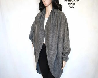 Cocoon wrap top cardigan Dolman bat kimono shrug open drape bolero Long sleeve duster Plus size L XL