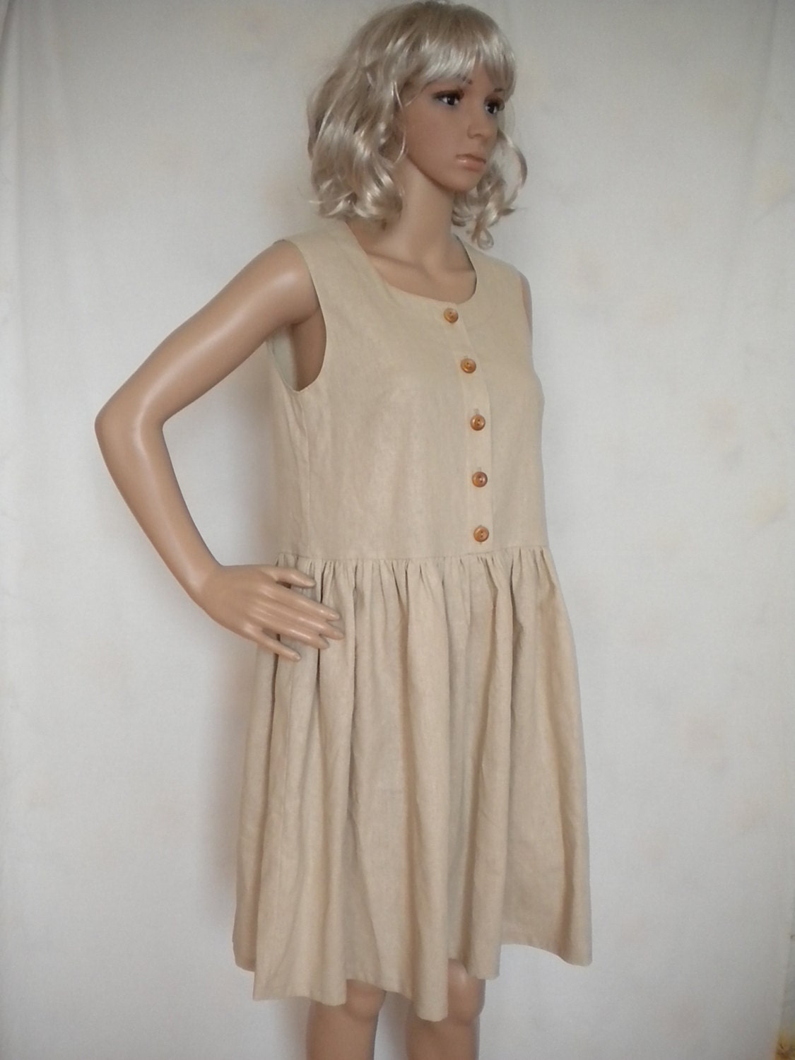 Linen Dress, Knee Length Babydoll Dress, Gathered Waist, Buttoned up