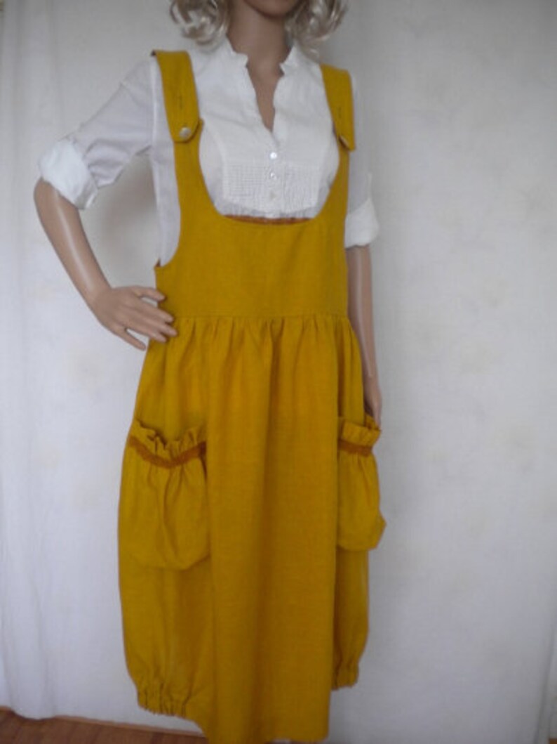 sack pockets gather elastic hem in mustard made to order boho lagenlook jumper loose fitting pinafore linen pinafore dress