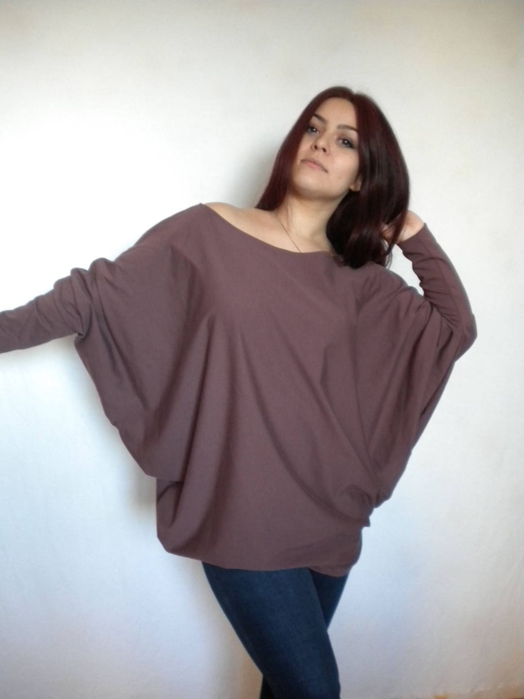 Plus Size off Shoulder Sweater Top, Loose Fitting Shirt, Long Batwing ...