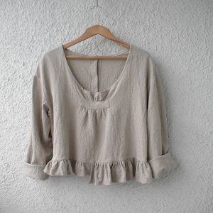 linen top, ruffle linen shirt, loose fitting blouse, long sleeve lagenlook linen jacket, maternity button up down boho top, free shipping
