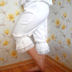 capri ruffle pants bloomers, loose fitting boho chick pant knicker, white linen pant, plus size oversized pantaloons trousers, free shipping