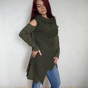 SALE 30% off hooded sweater tunic dress, pixie asymmetric hippie, M-L cold shoulder long sleeve tunic top, asymmetric hooded cowl tunic top