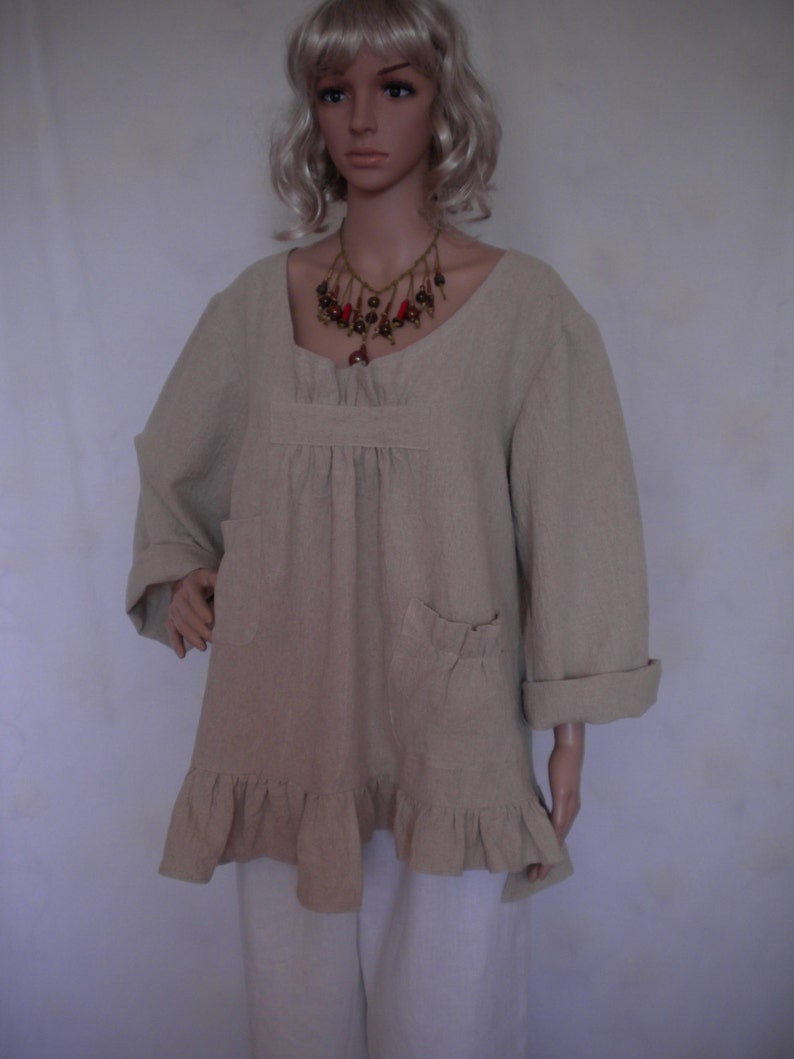 boho loose fitting shirt top made to order linen jacket lagenlook linen shirt ruffle long sleeve pockets linen top