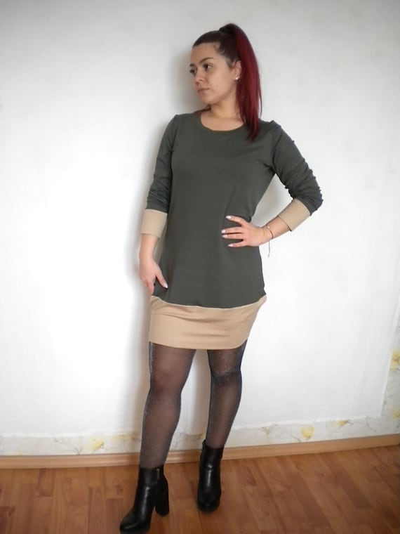 Bodycon mini dress, long sleeve color block jersey dress, fitted mini olive dress, size L