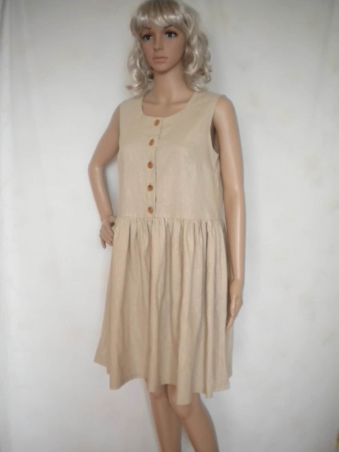 Linen Dress, Knee Length Babydoll Dress, Gathered Waist, Buttoned up