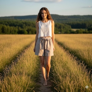 linen shorts, wide leg loose fit short, summer beach pants with ties, side pockets and cuffs