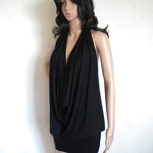 backless drape mini dress, cold shoulder halter top, sexy summer party dress, drape tank top, prom evening little black dress, made to order