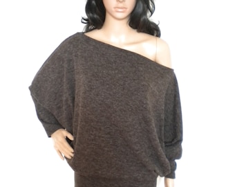 oversized off shoulder winter sweater, warm wool batwing long sleeve knit top, brown dolman cold shoulder loose fitting blouse free shipping