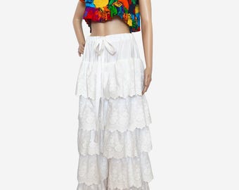 Lace Ruffle Pant Bloomers, off white cotton frilly Victorian Boudoir culottes, festival trousers OSFA