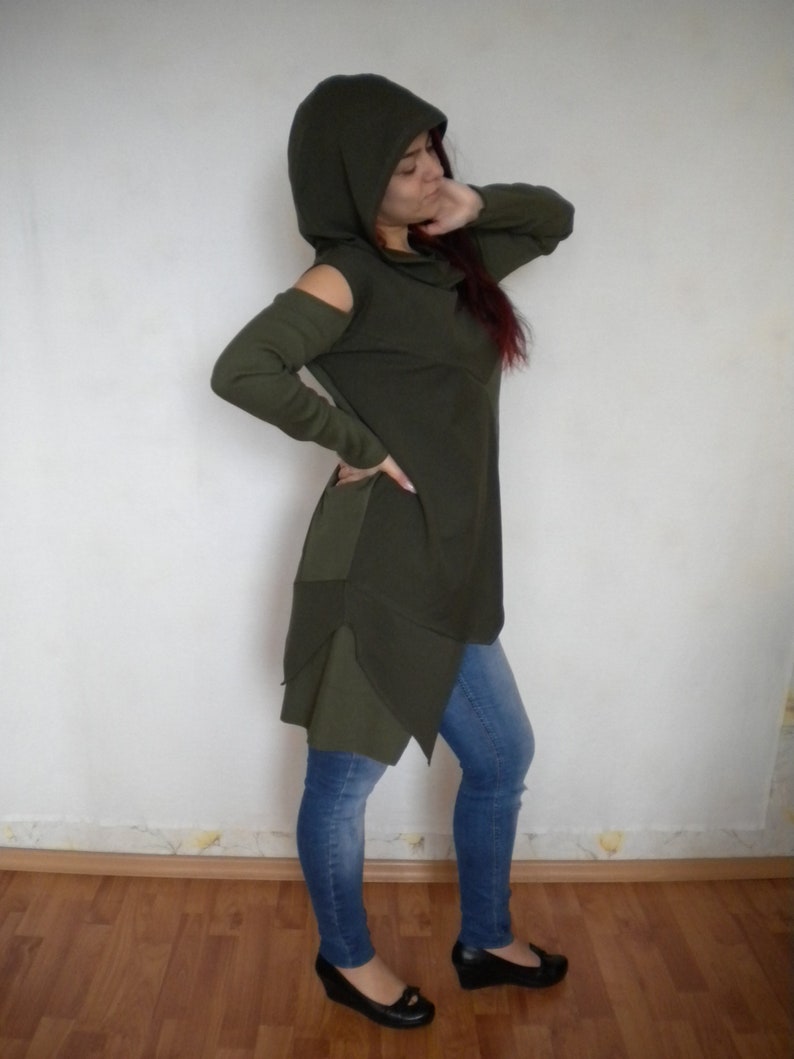 M-L cold shoulder long sleeve tunic top hooded sweater tunic dress asymmetric hooded cowl tunic top in moss green pixie asymmetric hippie