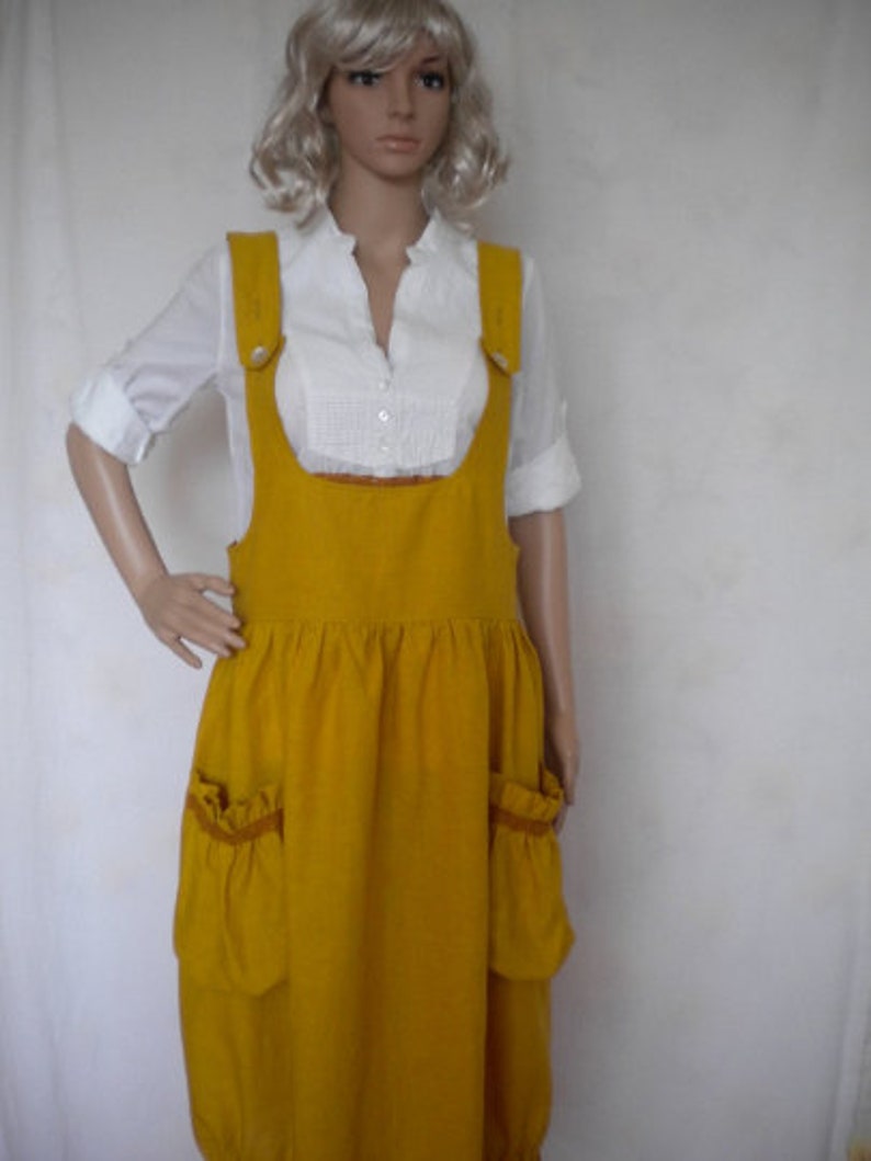 sack pockets gather elastic hem in mustard made to order boho lagenlook jumper loose fitting pinafore linen pinafore dress