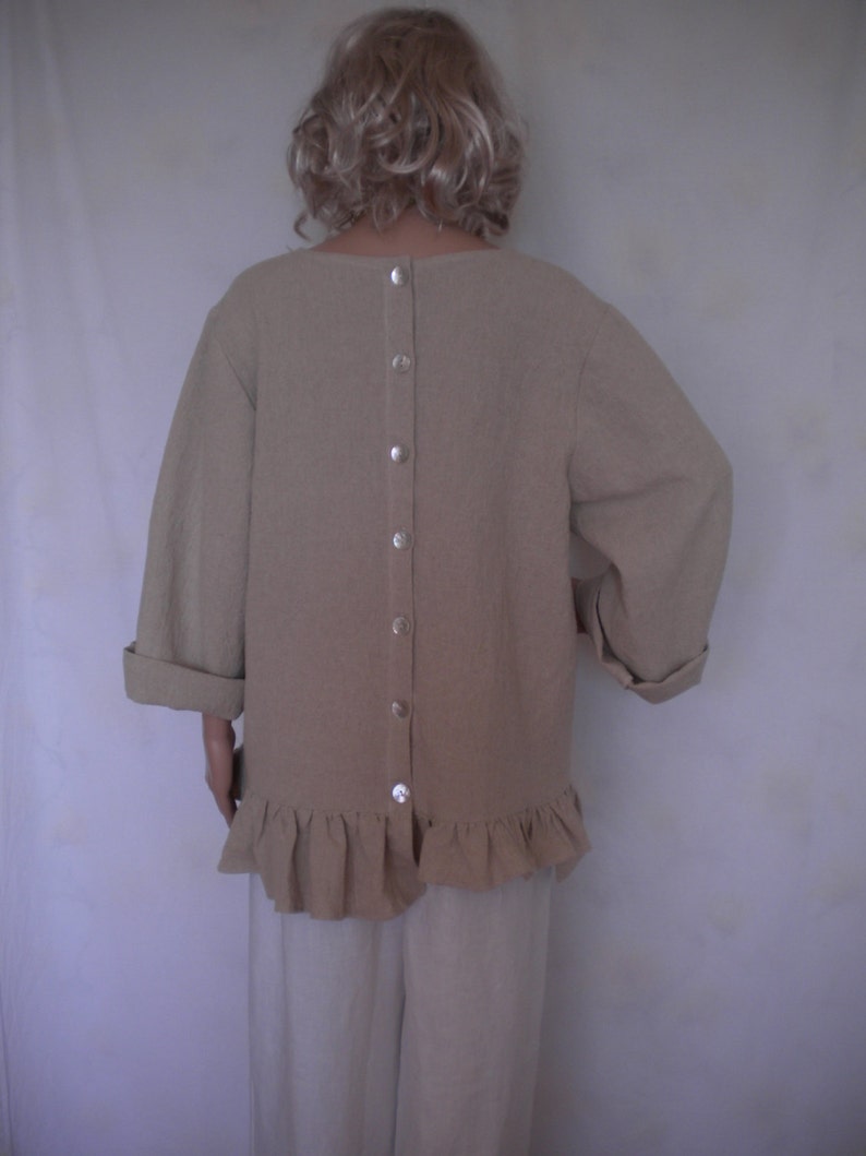boho loose fitting shirt top made to order linen jacket lagenlook linen shirt ruffle long sleeve pockets linen top
