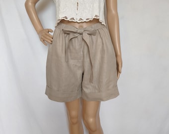 Linen Shorts, Wide Leg Loose Fitting Short, Summer Beach Pants with Ties, Side Pockets and Cuffs