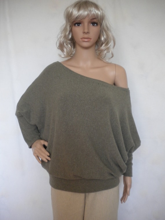 Off Shoulder Sweater Winter Warm Wool Knit Blouse Batwing Long Sleeve Top Dolman Loose Fitting Sweater in Pale sage Green Free Shipping Etsy