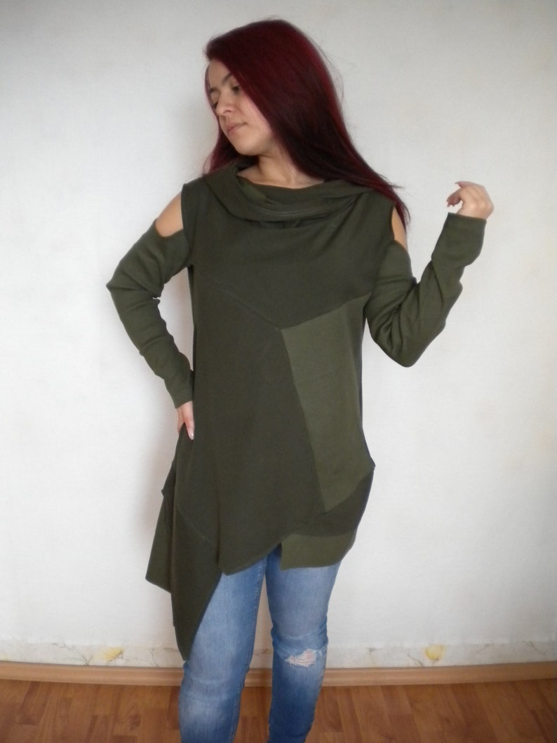 M-L cold shoulder long sleeve tunic top hooded sweater tunic dress asymmetric hooded cowl tunic top in moss green pixie asymmetric hippie