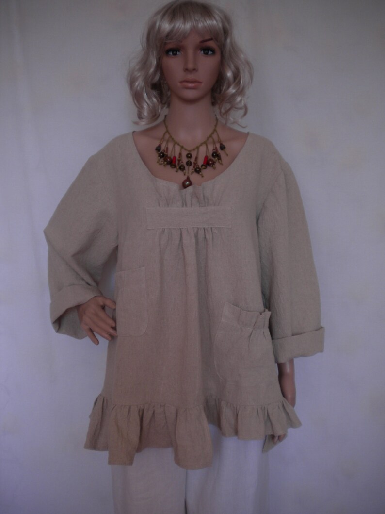 boho loose fitting shirt top made to order linen jacket lagenlook linen shirt ruffle long sleeve pockets linen top