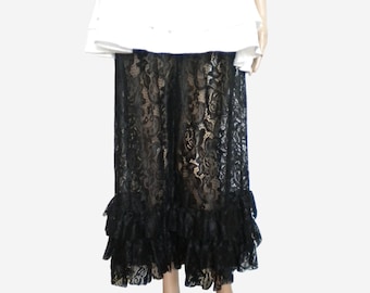 Bombachos negros con volantes de encaje, pantalón capri transparente, culottes victorianos de estilo boudoir, pantalón con volantes para festivales