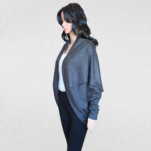 Long sleeve wrap top cardigan, open dolman kimono shirt, oversized drape bolero charcoal grey size S