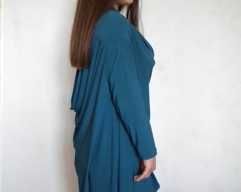 long draped tunic dress, loose asymmetric long sleeved casual top, plus size maternity shirt, off shoulder cowl neck blouse, made to order