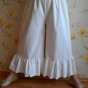 linen ruffle pant bloomers, wide leg loose fitting knickers, white linen pantaloons boho bohemian plus size oversized trousers free shipping