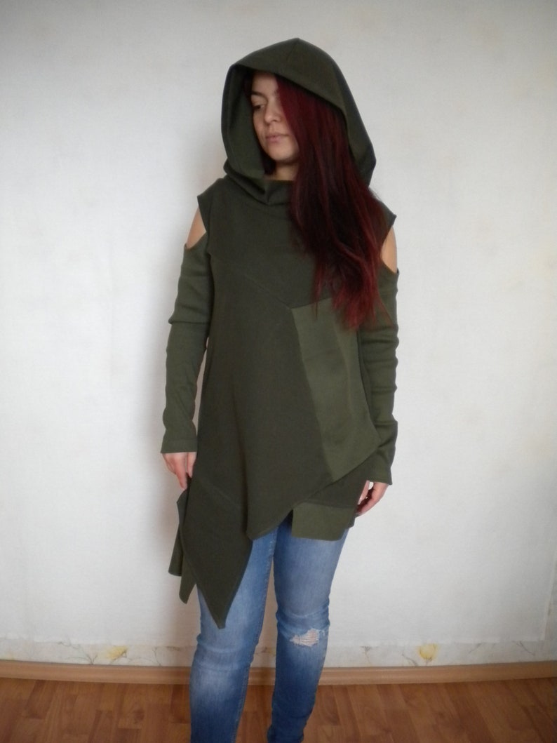 M-L cold shoulder long sleeve tunic top hooded sweater tunic dress asymmetric hooded cowl tunic top in moss green pixie asymmetric hippie