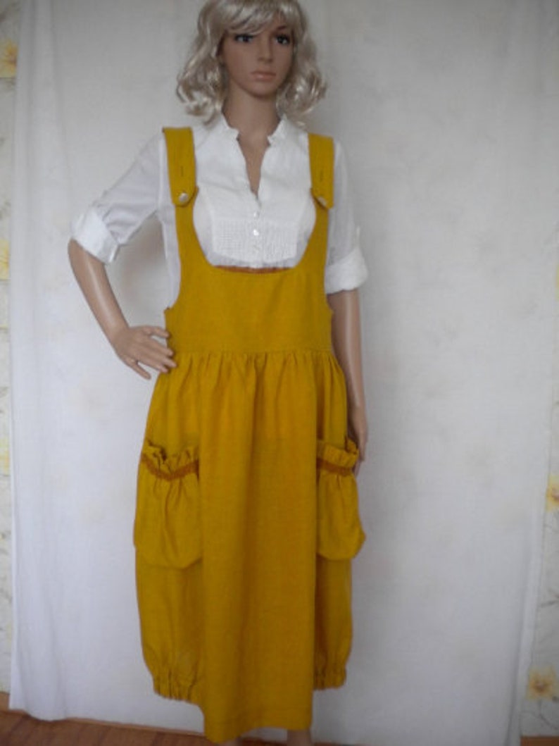 sack pockets gather elastic hem in mustard made to order boho lagenlook jumper loose fitting pinafore linen pinafore dress