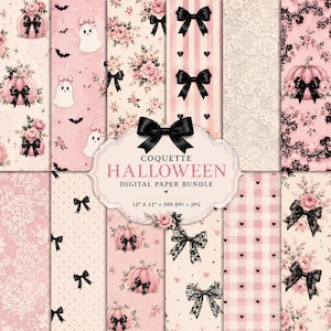 May include: A digital paper bundle featuring various patterns in pink, cream, and black. Designs include pumpkins with black bows, ghosts, roses, lace, stripes, hearts, and gingham. A central label reads COQUETTE HALLOWEEN DIGITAL PAPER BUNDLE 12" X 12" 300 DPI JPG.