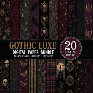 以下が含まれることがあります： GOTHIC LUXEというタイトルのデジタルペーパーバンドルで、300 DPIの30.48 cm x 30.48 cmのJPGファイル20枚が含まれています。コレクションには、黒、濃い紫、金の色調で、頭蓋骨、カラス、バラ、クモの巣、月、星、蝶、燭台、城のシルエットなどの暗いパターンが表示されています。