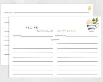 Custom Bridal Shower Recipe Card Teacup with Lemon Design Personalized 4x6  Double Sided Tea Party Recipe Keepsake Gift