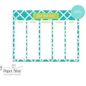 Puede incluir: Un planificador semanal imprimible con un patrón geométrico turquesa y blanco. El planificador está dividido en cinco columnas para cada día de la semana: lunes, martes, miércoles, jueves y viernes. El texto "Best Week Ever!" está en la parte superior del planificador.