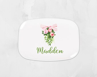 Personalized Pink Floral Swag Platter, Monogrammed Poolside Outdoor Dining Tray, Custom Southern Dinner Party Serving Unbreakable Tray