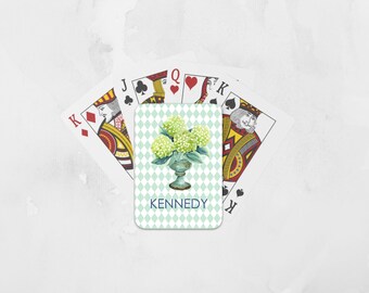 Custom Hydrangea Playing Cards, Personalized Botanical Deck of Cards, Southern Preppy Harlequin Hostess Gift, Monogram Poker Game Night Gift