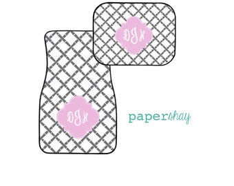 May include: Two gray and white patterned car floor mats with a pink monogram that says "DJH" in a script font. The text "papershay" is in the lower right corner of the image.