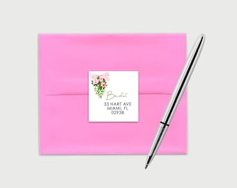 Personalized Floral Return Address Labels, Custom Feminine Stickers for Envelopes, Monogram Pink Swag with Bow Label, Stationery Gift