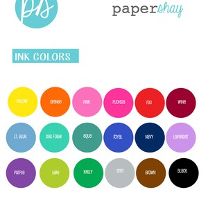 May include: A chart of ink colors for a paper crafting company called "papershay". The colors are arranged in three rows of six colors each. The colors are: yellow, orange, pink, fuchsia, red, wine, light blue, sea foam, aqua, royal blue, navy, lavender, purple, lime green, kelly green, gray, brown, and black.