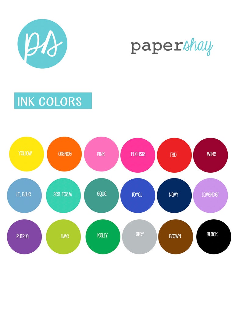 May include: A chart of ink colors for a paper crafting company called "papershay". The colors are arranged in three rows of six colors each. The colors are: yellow, orange, pink, fuchsia, red, wine, light blue, sea foam, aqua, royal blue, navy, lavender, purple, lime green, kelly green, gray, brown, and black.