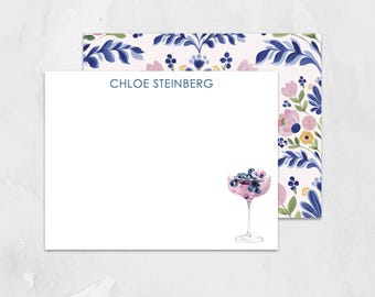 Blueberry Cocktail Note Cards, Custom Folk Art Stationery Set, Personalized Bar Cart Thank You Notes