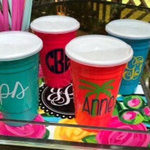 Monogrammed Double Walled Thick Plastic Cups for Bridesmaids, 16 oz Personalized Plastic Cups, Re-useable Cup with Lid, PS200 image 7