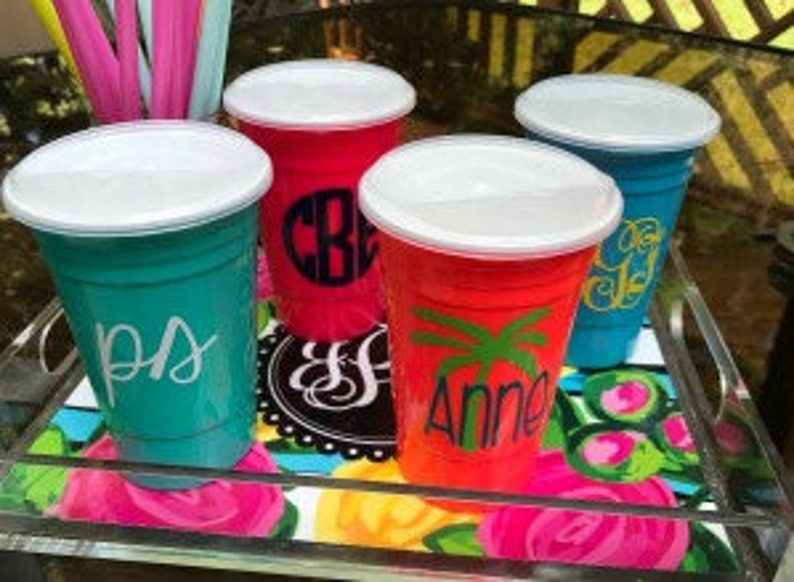 Monogrammed Double Walled Thick Plastic Cups for Bridesmaids, 16 oz Personalized Plastic Cups, Re-useable Cup with Lid, PS200 image 7