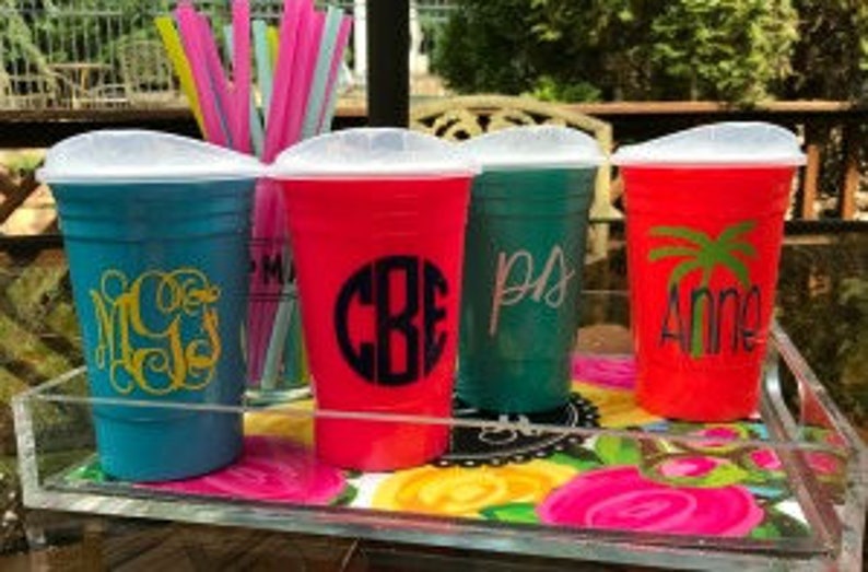 Monogrammed Double Walled Thick Plastic Cups for Bridesmaids, 16 oz Personalized Plastic Cups, Re-useable Cup with Lid, PS200 image 8