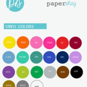 Op de afbeelding: Een kleurenkaart met vinylkleuren, waaronder geel, oranje, roze, fuchsia, rood, wijnrood, blauwgroen, donkerpersisch, turkoois, koninklijk, marineblauw, lavendel, paars, limoen, kelly, zilver, bruin, zwart, metallic goud, metallic zilver en wit. Het Paper Shay-logo staat bovenaan.