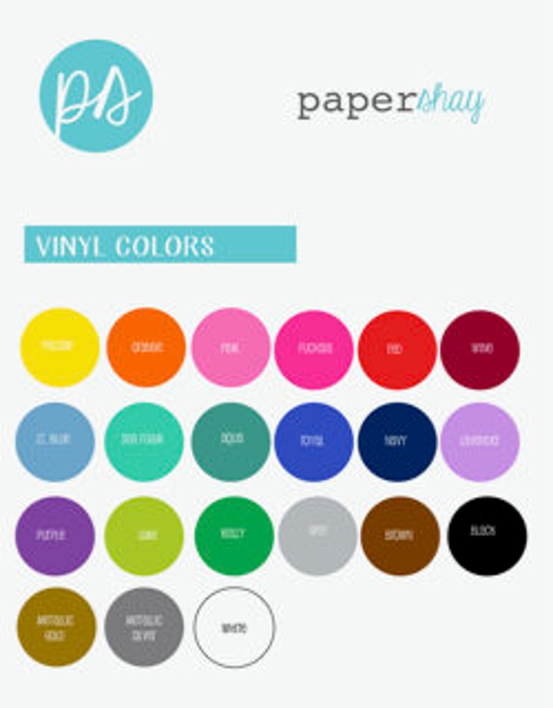 Op de afbeelding: Een kleurenkaart met vinylkleuren, waaronder geel, oranje, roze, fuchsia, rood, wijnrood, blauwgroen, donkerpersisch, turkoois, koninklijk, marineblauw, lavendel, paars, limoen, kelly, zilver, bruin, zwart, metallic goud, metallic zilver en wit. Het Paper Shay-logo staat bovenaan.