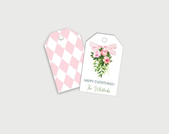 Personalized Pink Floral Swag Gift Tags, Custom Botanical Favor Tags, Monogram Southern Watercolor Hang Tag, Pretty Gift Wrap Tag