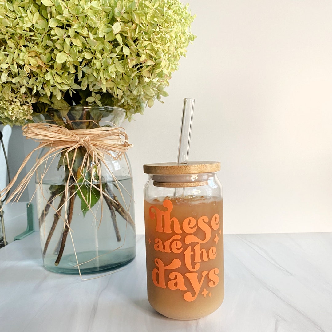 Iced Coffee Cup Glass Can Soda Cup With Bamboo Lid and Straw for Women ...