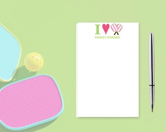 Personalized Pickleball Stationery with I Love Pickleball, Custom Striped Pink Pickleball Paddles Notepad, League and Club Gift