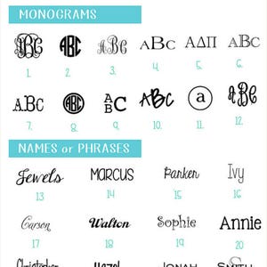 Op de afbeelding: Een afbeelding met monogram- en naamontwerpopties. De afbeelding bevat verschillende stijlen van monogrammen met de letters ABC, en namen zoals Jewels, Marcus en Sophie. De tekst "MONOGRAMS" en "NAMES or PHRASES" zijn ook aanwezig.