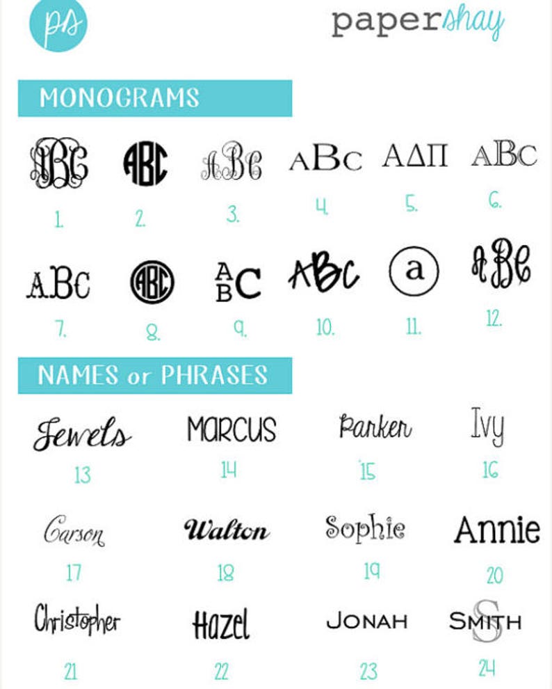 Op de afbeelding: Een afbeelding met monogram- en naamontwerpopties. De afbeelding bevat verschillende stijlen van monogrammen met de letters ABC, en namen zoals Jewels, Marcus en Sophie. De tekst "MONOGRAMS" en "NAMES or PHRASES" zijn ook aanwezig.