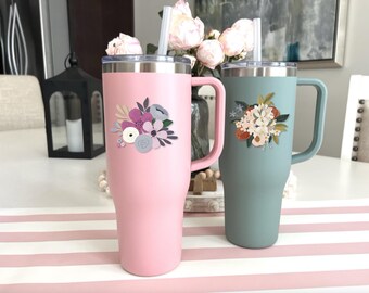 Tumbler 40 oz. with Handle, Custom Design on Front Thermos with Straw and Lid, Gift for Women, Insulated Water Bottle, Bachelorette Gift