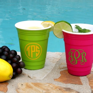 Monogrammed Double Walled Thick Plastic Cups for Bridesmaids, Re-useable Cup with Lid,